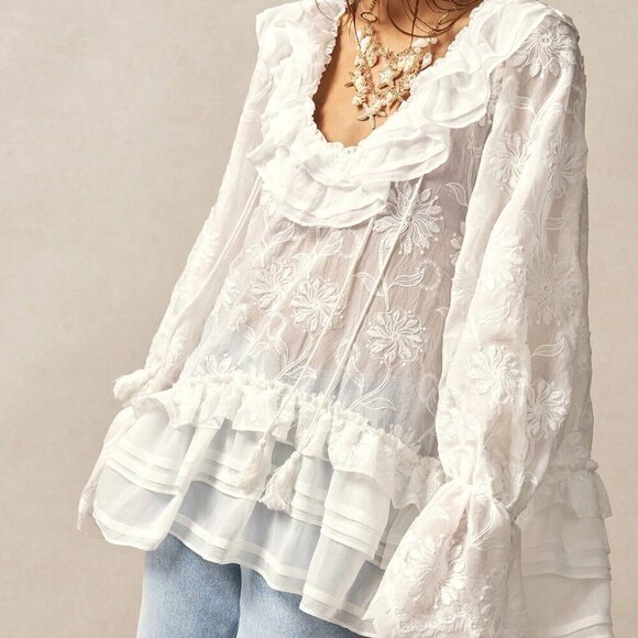 White Boho Women's Blouse - Picture 4 of 7